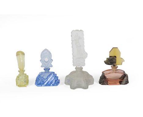 Four Differing Glass Scent-Bottles, First Quarter 20th Century, in differing coloured glass, some cut and others moulded, eac