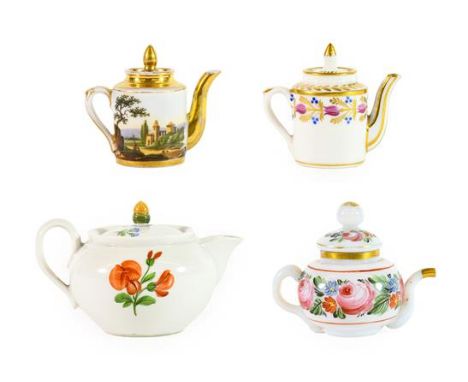 A Meissen Porcelain Miniature Teapot and Cover, circa 1900, of ovoid form, painted with flowersprays, 10cm long; A Paris Porc