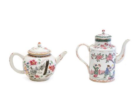 A Chinese Porcelain Teapot and Cover, Qianlong, of ovoid form, painted en grisaille with landscapes in scroll panels and with