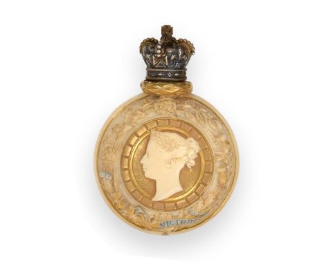 A Royal Worcester Porcelain Scent-Bottle With Gilt Plate Mount, Design Registration Number 56943, circular, one side moulded 