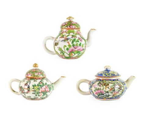 A Cantonese Porcelain Miniature Teapot and Cover, 19th century, of baluster form, painted in famille rose enamels with figure