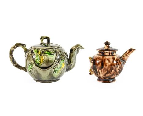 A Whieldon Type Earthenware Miniature Teapot and Cover, circa 1750, of ovoid form with crabstock knop, handle and spout, moul