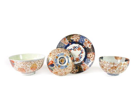 An Imari Porcelain Dish, 19th century, typically painted with flowers within a brocade border, 21.5cm diameter; A Rice Bowl a