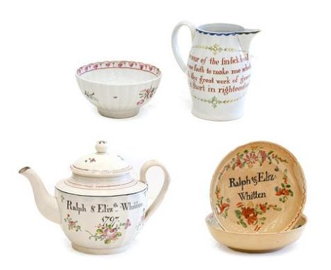A Pearlware Teapot and Cover, dated 1797, of fluted semi-ovoid form, inscribed Ralph &amp; Elizth Whitton 1797 and painted wi