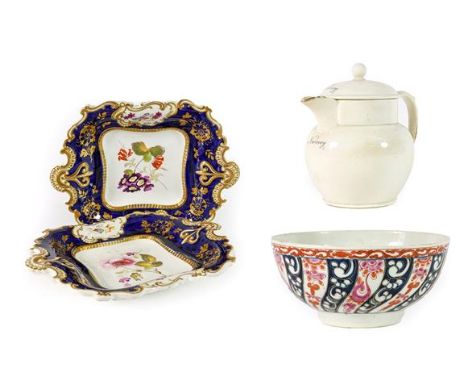 A Worcester Porcelain Bowl, circa 1775, painted with the Queen Charlotte pattern, 15cm diameter; A Pair of English Porcelain 