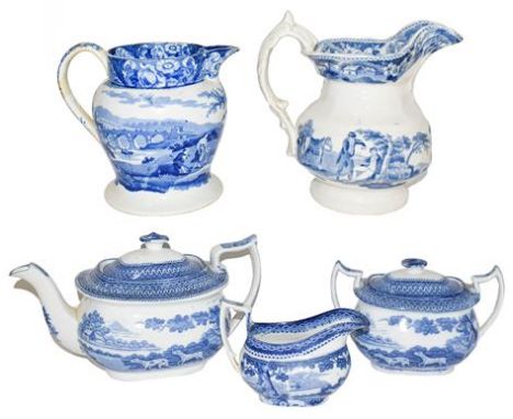 A Staffordshire Pearlware Three Piece Tea Service, circa 1820, printed in underglaze blue with a sportsman and dogs in landsc
