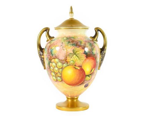 A Royal Worcester Porcelain Vase and Cover, by Alan Telford, 2nd half 20th century, of ovoid form with twin scroll handles, p