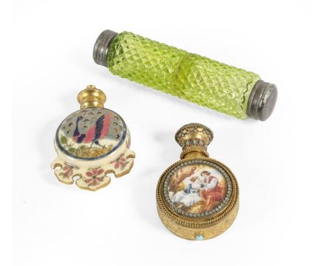 A Zsolnay Pottery Scent-Bottle, Circa 1880, the body circular and with shaped apron, with gilt-metal mounted screw-cap, each 