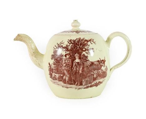A Wedgwood Creamware Teapot and Cover, decorated by Sadler &amp; Green, circa 1765, of ovoid form with leaf-sheathed spout an