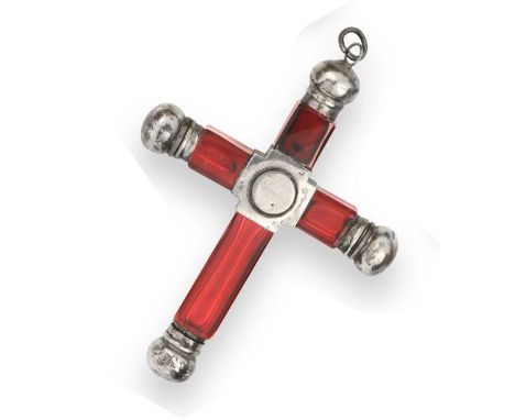 A Victorian Silver Plate Mounted Ruby Coloured Glass Scent-Bottle, Apparently Unmarked, Circa 1880, cruciform, with central s