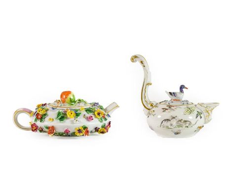 A Meissen Flower Encrusted Porcelain Miniature Teapot and Cover, circa 1900, of compressed ovoid form, applied with naturalis