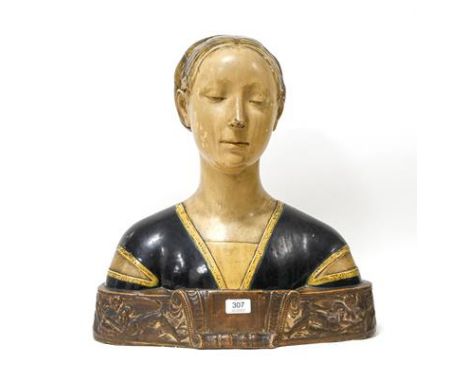 After Francesco Laurana (c.1430-1502): A Polychromed Terracotta Bust of a Lady, possibly Ippolita Maria Sforza, 51cm high  Th