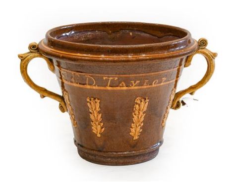 A Slipware Planter, dated 1878, of flared cylindrical form with twin scroll handles, trailed with AUGUST 10 1878 E&amp;D TAYL