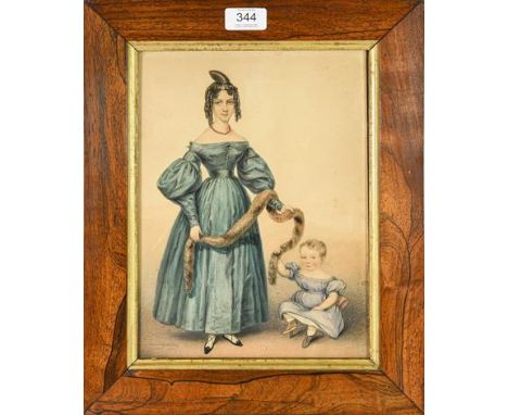 A Burt (19th Century) Portrait of a Lady, standing wearing her hair in a top knot with ringlets, coral necklace and low cut g