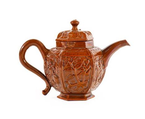 A Staffordshire Glazed Redware Hexagonal Teapot and Cover, possibly Samuel Bell, Pomona Works, Newcastle-under-Lyme, circa 17
