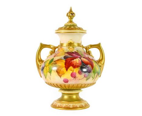 A Royal Worcester Porcelain Vase and Cover, by Kitty Blake, 1924, of baluster form with minaret knob and twin scroll handles,