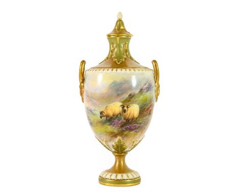 A Royal Worcester Porcelain Vase and Cover, by Harry Davis, 1919, of urn shape with twin loop handles, painted with sheep in 