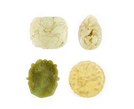 A Chinese Jade Pendant, of oval form, carved and pierced with a kylin, 5.5cm high; A Similar Plaque, carved with a figure amo