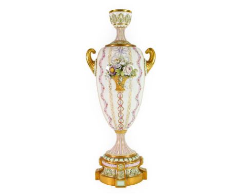 A Royal Worcester Porcelain Vase, early 20th century, of baluster form with twin scroll handles, applied with naturalisticall