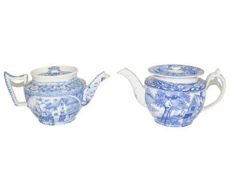 A Staffordshire Pearlware Teapot and Cover, circa 1830, printed in underglaze blue with a cottage garden, 20cm wide; and A Si