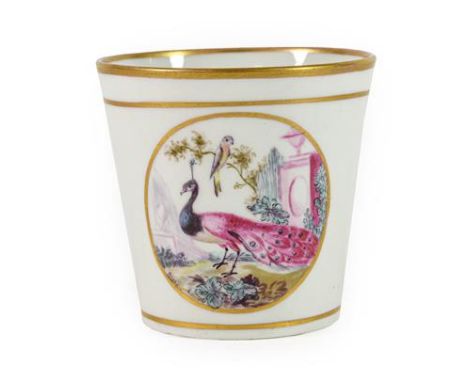 An English Porcelain Beaker, possibly Chamberlain's Worcester, circa 1800, of flared cylindrical form, painted with a peacock