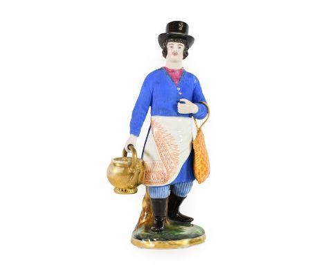 A Gardner Porcelain Figure of a Sbiten Vendor, 19th century, standing wearing a black top hat, blue coat and white apron hold