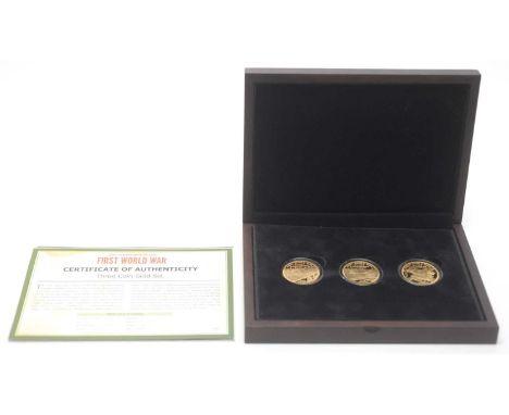 The Centenary of the First World War three coin gold set, issued by Gibraltar in 2014, each 22ct gold £5 coin measuring 38.61