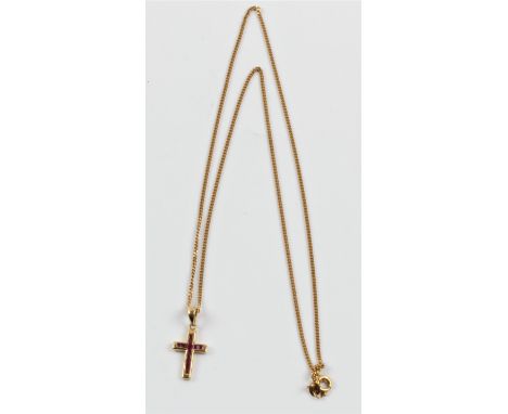 A hallmarked 14ct yellow gold ruby cross pendant, channel set with square cut rubies, on a hallmarked 9ct yellow gold curb li