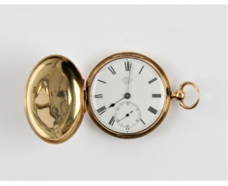A Victorian 18ct yellow gold full Hunter DENT pocket watch, the white enamel dial having hourly Roman numerals, with minute t