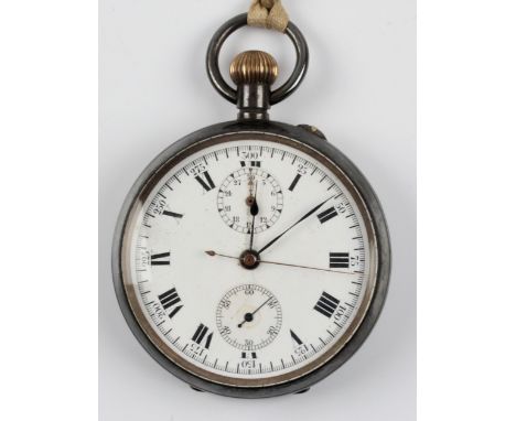 A hallmarked silver crown wind open face pocket watch, the white enamel dial having hourly Roman numerals, subsidiary dials t