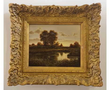 GERALD COULSON. Framed, signed front and verso and titled ‘First Light’, oil on canvas, river scene at sunrise with trees, wi
