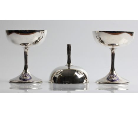 Three hallmarked silver goblets, each having enamel panels from 'Sutton Coldfield and North Birmingham Automobile Club, (A/F)