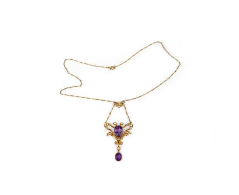 Jugendstilcollier mit Amethystanhänger585 Gelbgold, getestet, Anhänger mit 2 Amethysten im Tropen- und Ovalschliff und kleine