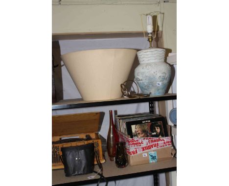 Record player and quantity of LP records, table lamp and shade, pair of binoculars and two glass vases.