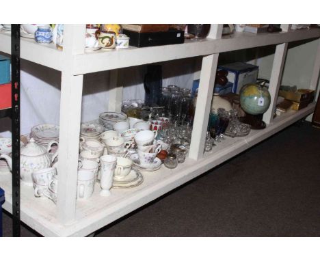 Large shelf collection of costume jewellery, Chad Valley globe, glass, cameras, Royal Doulton Albany, commemorative ware, cer