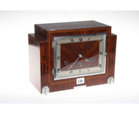 Mahogany inlaid Art Deco mantel clock, 23cm.