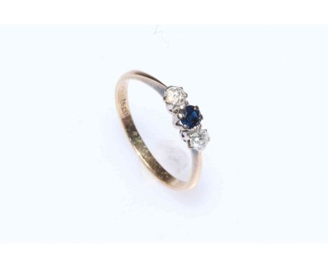 9 carat gold sapphire and two diamond ring, size R.