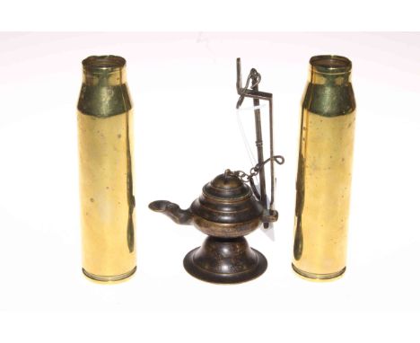 Pair small brass shell cases and whale oil lamp (2).