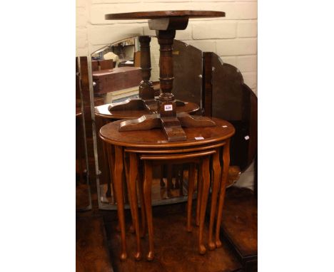 Gilt framed bevelled wall mirror, circular oak pedestal occasional table, oval walnut nest of three tables, mahogany drop lea