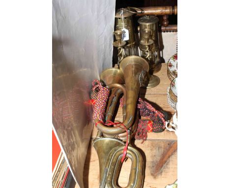 Two brass miners lamps, pair of twist candlesticks, two military bugles 'Argyll &amp; Sutherland' and 'Royal Welsh Fusiliers'