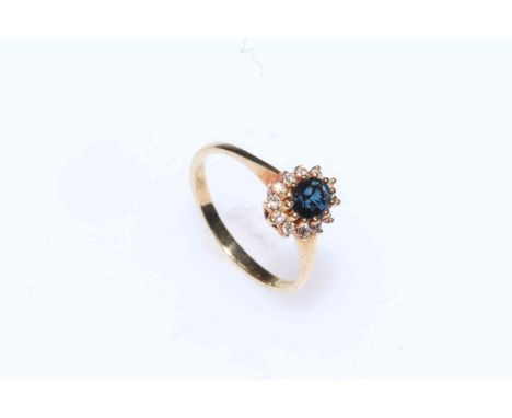 9 carat gold and sapphire and diamond cluster ring, size J.