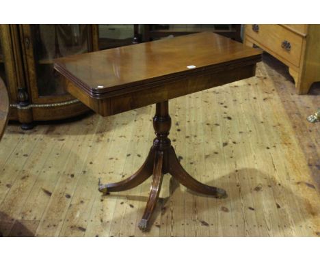 Mahogany fold top writing/card table on pedestal base, 76cm by 85cm (closed).