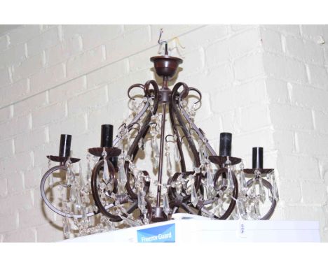 Wrought iron stool, six branch lustre drop chandelier and glazed pottery table lamp and shade (3).
