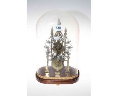 Small brass skeleton clock with fusee movement and mahogany stand under glass dome, 34cm.