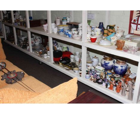 Large shelf collection of Willow Tree, Denby, Capodimonte, toby jugs, Le Creuset kitchen wares, Paragon teaware, metalwares, 