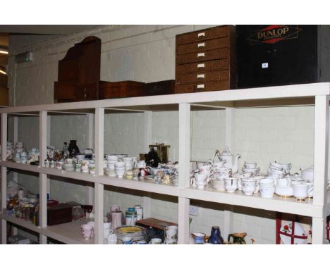 Large shelf collection of TY Beanie Toys, Paragon teaware, Royal Worcester egg coddlers, Wade, Ringtons, clocks, glass.