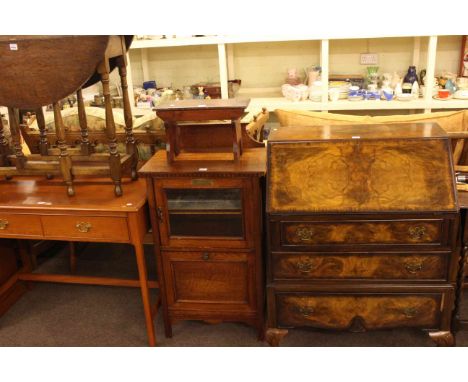 Walnut three drawer bureau, oak glazed door music cabinet, oak gate leg table and stained stool (4).