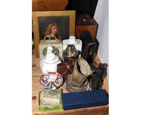 Oak sewing box, portrait oil painting, binoculars, coins and bank notes, onyx clock, hip flask/cigar holder, etc.