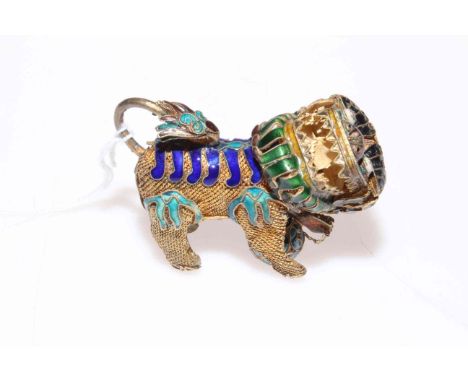 Chinese filigree and enamel dog with turning head and ball, 7cm length.
