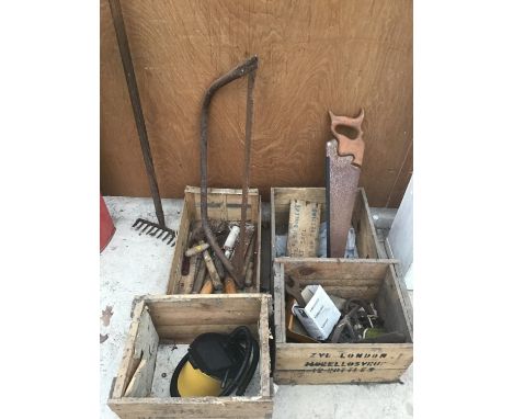 VARIOUS VINTAGE WOODEN CRATES AND TOOLS 